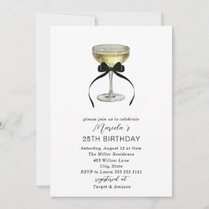 Watercolor Champagne coupe black bow 25th birthd Invitation