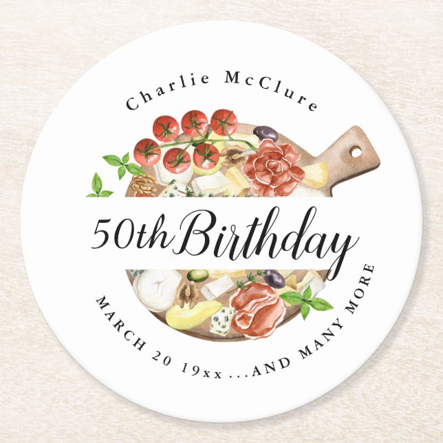 Watercolor Charcuterie of Italy Birthday  Round Paper Coaster (Front)