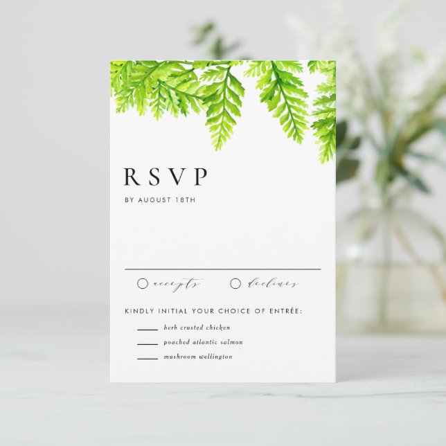 Watercolor Chartreuse Green Fern Wedding RSVP Card (Standing Front)