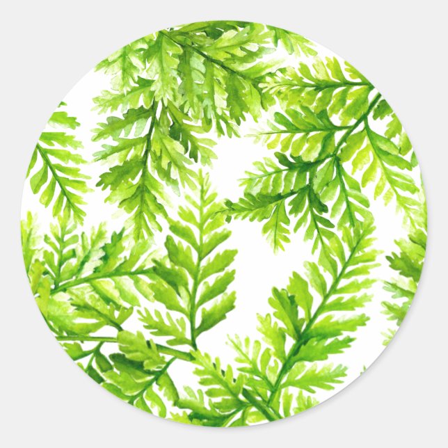Watercolor Chartreuse Green Ferns Pattern Wedding Classic Round Sticker (Front)