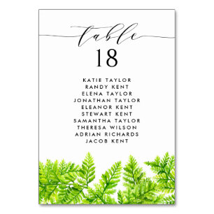 Watercolor Chartreuse Green Ferns  Wedding Seating Table Number