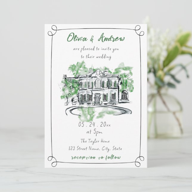Watercolor Chateau Georgian Manor Venue Wedding Invitation (Standing Front)