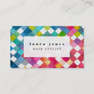 Watercolor Chequered Pattern Hair Stylist Template Business Card