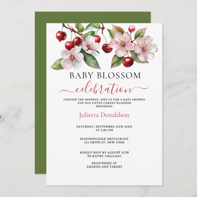 Watercolor Cherries Cherry Blossoms Baby Shower Invitation (Front/Back)