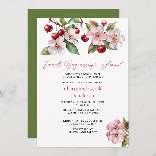 Watercolor Cherries Cherry Blossoms Baby Shower Invitation (Front/Back)