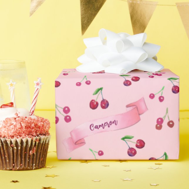 Watercolor Cherries Cute Girly Pink Personalised Wrapping Paper (Birthday Party)