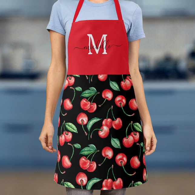 Watercolor Cherries Monogram Navy Blue Apron (Creator Uploaded)