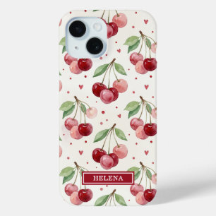 Watercolor Cherries Monogrammed iPhone 15 Case