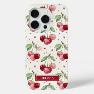 Watercolor Cherries Monogrammed iPhone 15 Pro Case