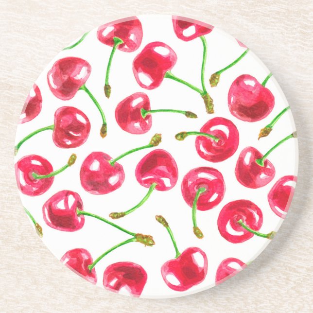 Watercolor cherries pattern coaster (Front)