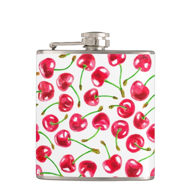 Watercolor cherries pattern hip flask (Front)