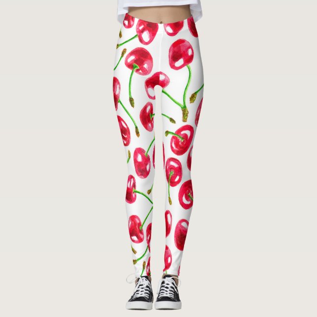 Watercolor cherries pattern leggings (Front)