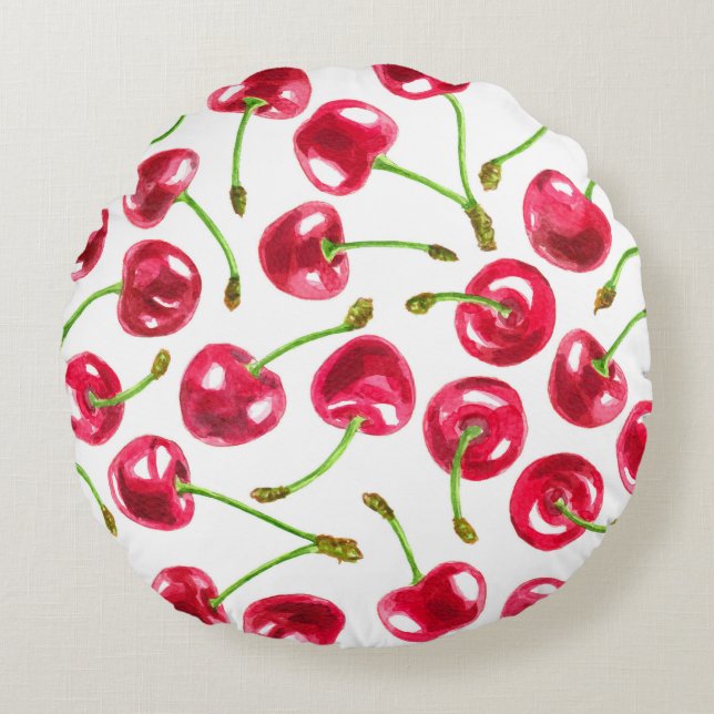 Watercolor cherries pattern round cushion (Front)
