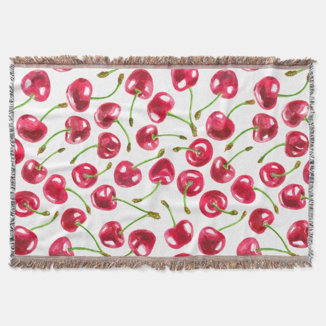 Watercolor cherries pattern throw blanket (Front)