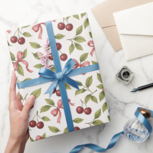 Watercolor Cherries with Bow - Elegant Fruit Wrapping Paper