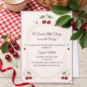 Watercolor Cherry Baby Shower Pink Gingham Invitation