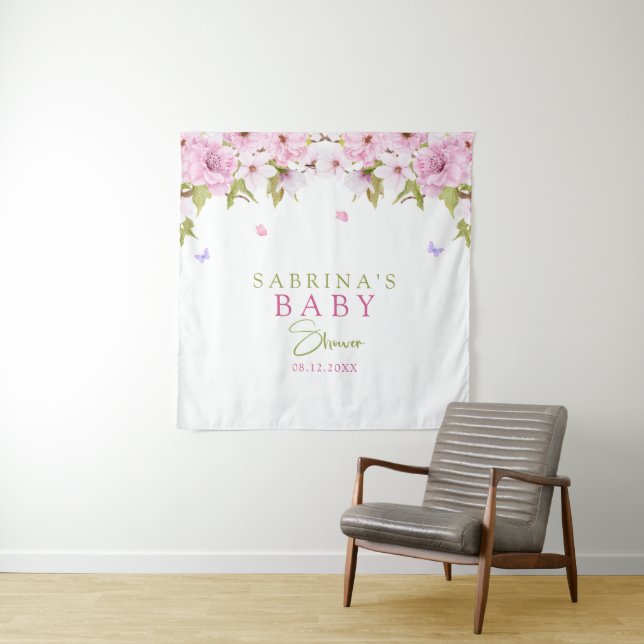 Watercolor Cherry Blossom Baby Shower Tapestry (In Situ)