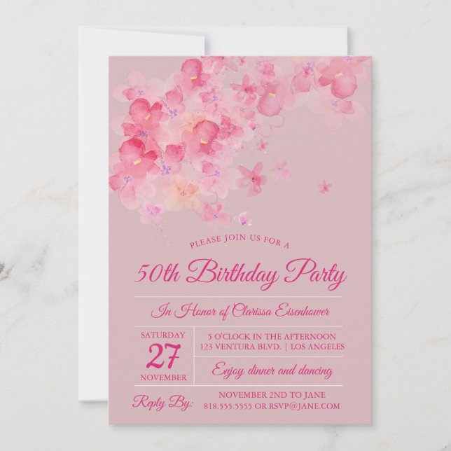 Watercolor Cherry Blossom Birthday Party Invitation (Front)