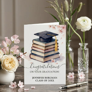 Watercolor Cherry Blossom Book Stack Graduation Card