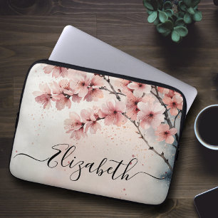 Watercolor Cherry Blossom Floral Girly Script Name Laptop Sleeve