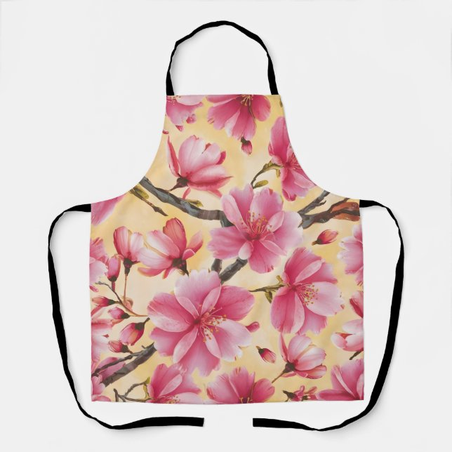 "Watercolor Cherry Blossom Floral Pattern" Apron (Front)