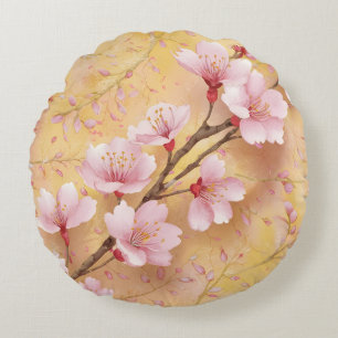 "Watercolor Cherry Blossom Floral Pattern" Round Cushion