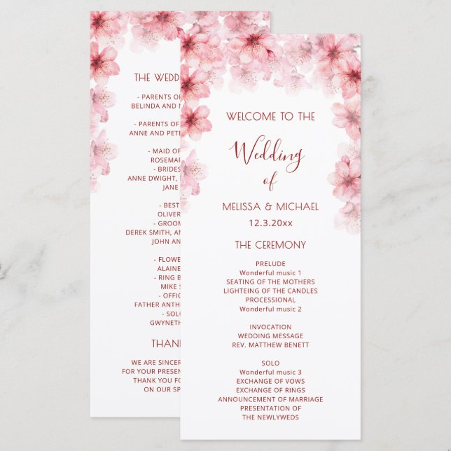 Watercolor Cherry Blossom Flowers Wedding Program (Front/Back)