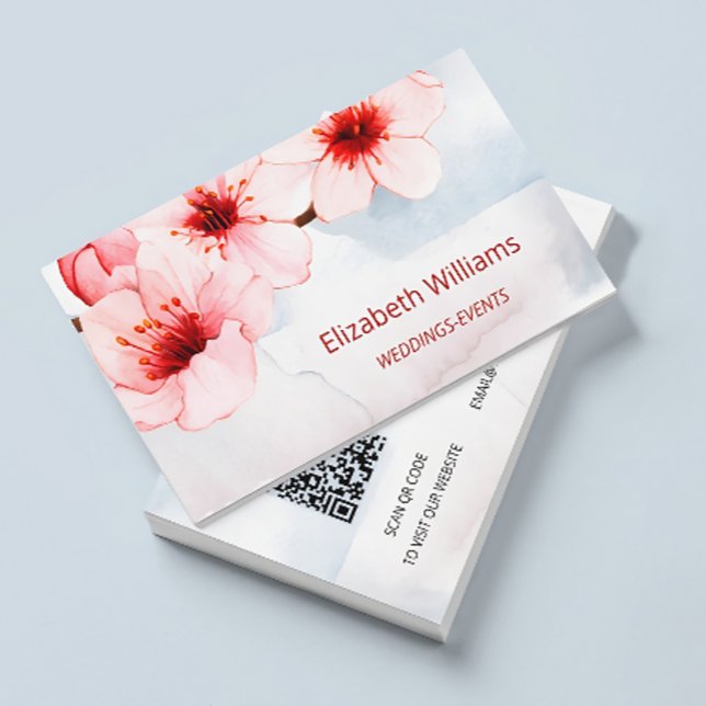 Watercolor Cherry Blossom Pink Blush  | Qr Code  Business Card (Creator Uploaded)