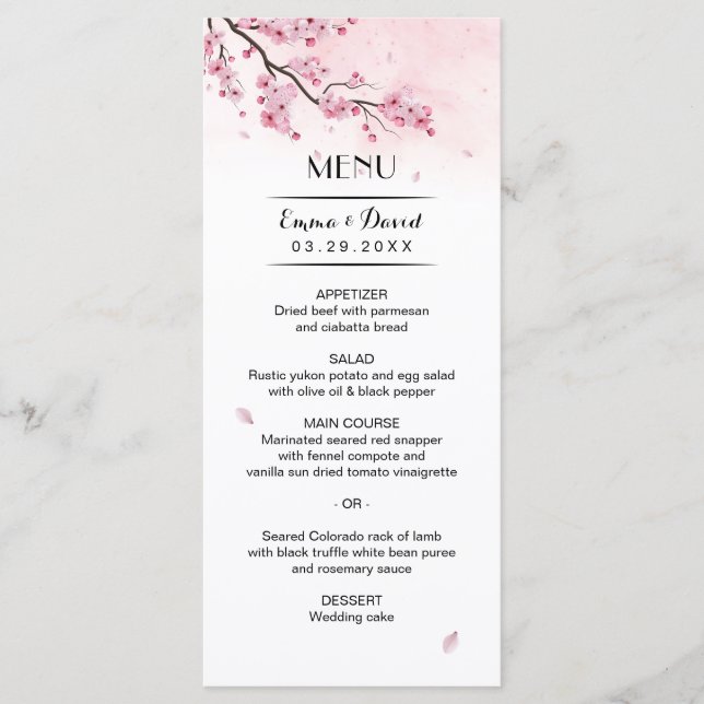 Watercolor Cherry Blossom Pink Floral Wedding Menu (Front)