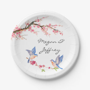 Watercolor Cherry Blossom with BlueBirds Paper Plate