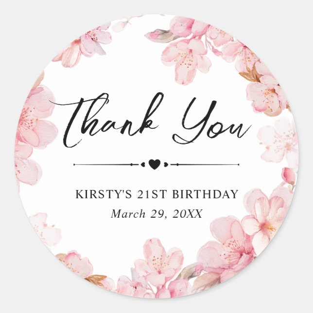 Watercolor Cherry Blossom Wreath Birthday Party Classic Round Sticker (Front)