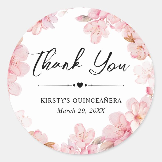 Watercolor Cherry Blossom Wreath Quinceanera Classic Round Sticker (Front)