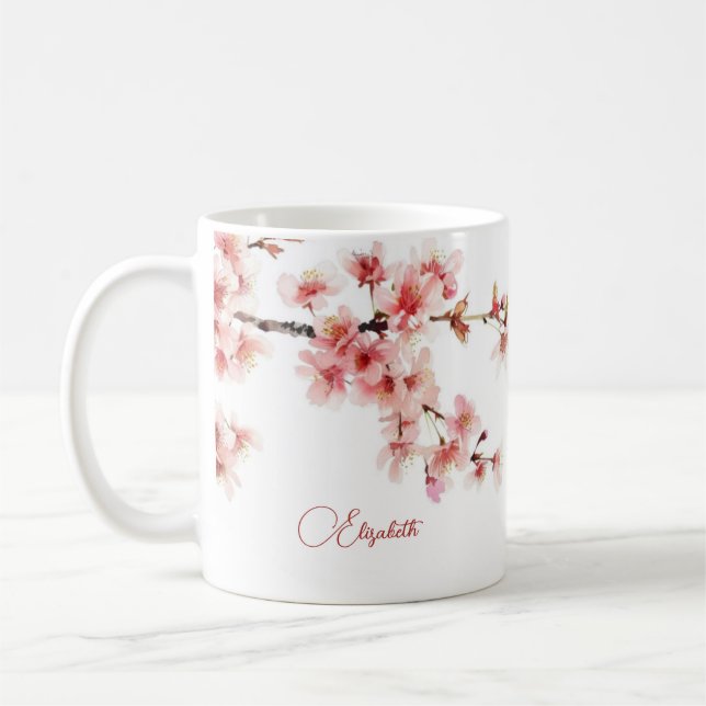 Watercolor Cherry Blossom Your Name Monogram Mug (Left)