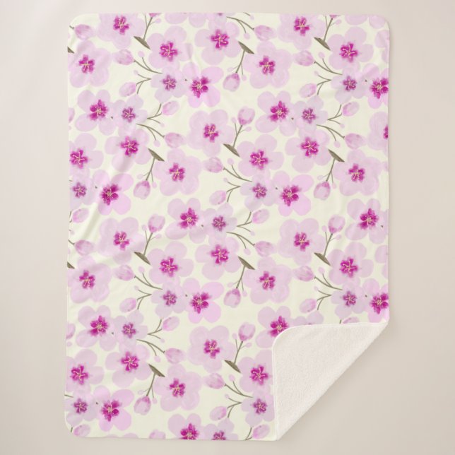 Watercolor Cherry Blossoms And Cream Sherpa Blanket (Front)