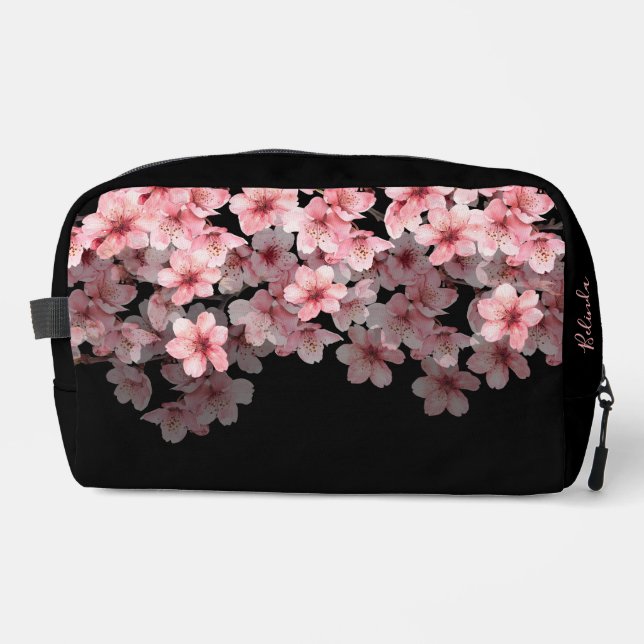 Watercolor Cherry Blossoms Black Pink | Your Name Dopp Kit (Front)