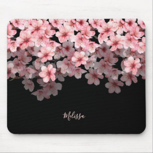 Watercolor Cherry Blossoms Black Pink   Your Name Mouse Pad