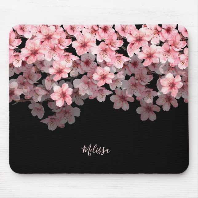 Watercolor Cherry Blossoms Black Pink | Your Name Mouse Pad (Front)