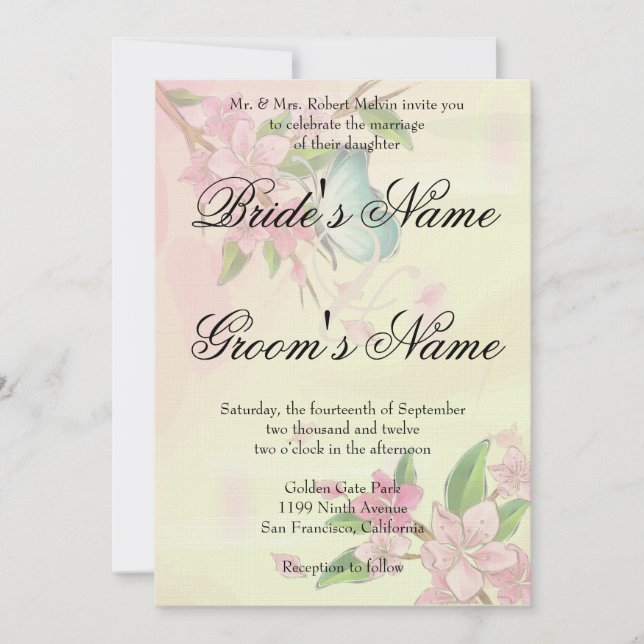 Watercolor Cherry Blossoms Butterflies Invitation (Front)