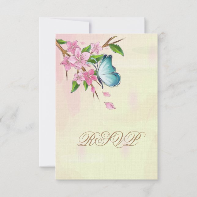 Watercolor Cherry Blossoms Butterflies RSVP Card (Front)