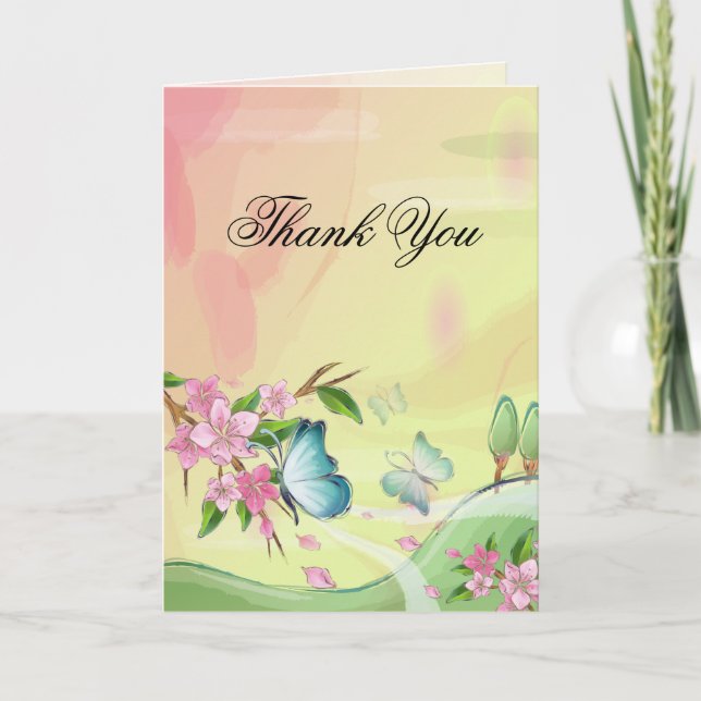 Watercolor Cherry Blossoms Butterflies Thank You Card (Front)
