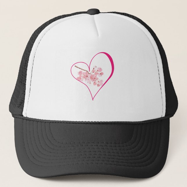 Watercolor Cherry Blossoms Floral Pink Heart Love Trucker Hat (Front)