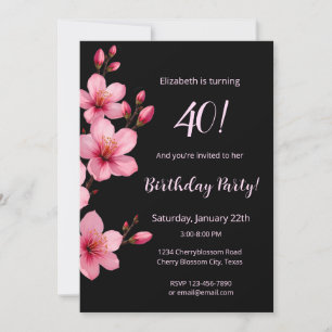 Watercolor Cherry Blossoms Pink Black Birthday Invitation