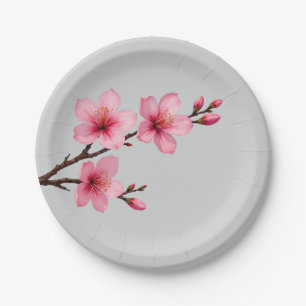 Watercolor Cherry Blossoms Pink Grey Paper Plate