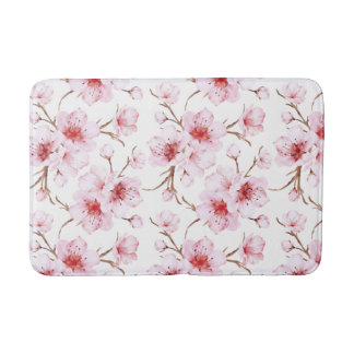  Watercolor Cherry Blossoms Pink White Bath Mat