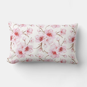 Watercolor Cherry Blossoms Pink White Lumbar Cushion