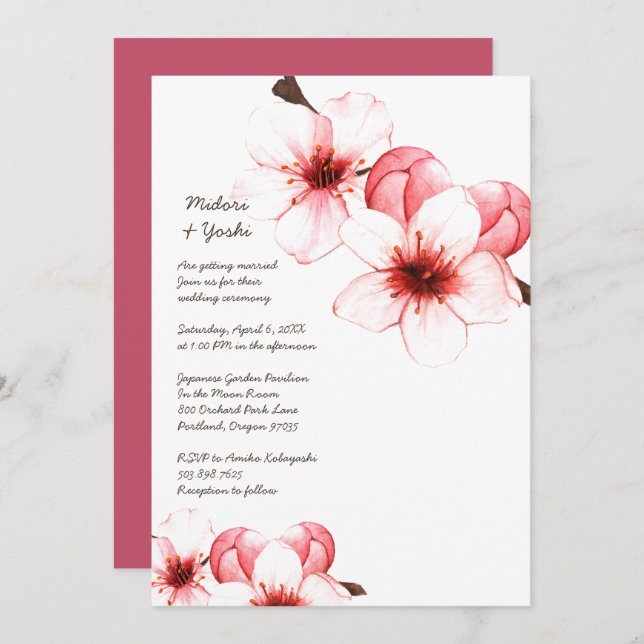 Watercolor Cherry Blossoms Pink White Wedding Invi Invitation (Front/Back)