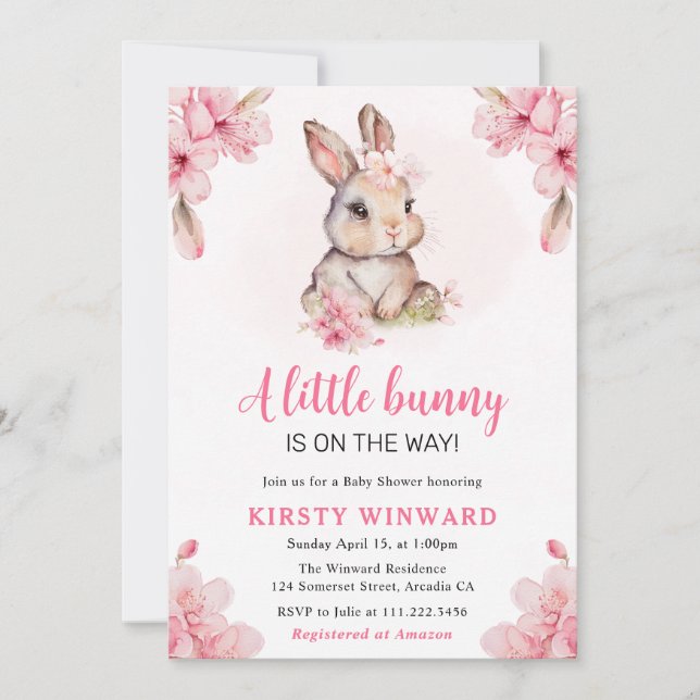 Watercolor Cherry Blossoms Rabbit Baby Shower Invitation (Front)