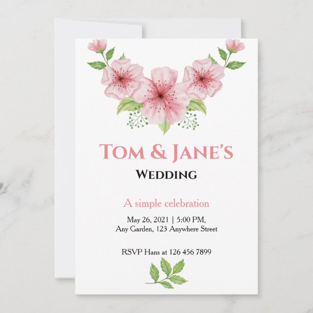Watercolor Cherry blossoms Rustic Wedding  Invitation (Front)
