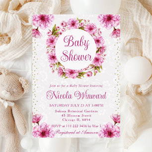 Watercolor Cherry Blossoms Wreath Baby Shower Invitation