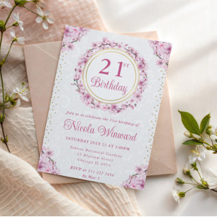 Watercolor Cherry Blossoms Wreath Birthday Invitation